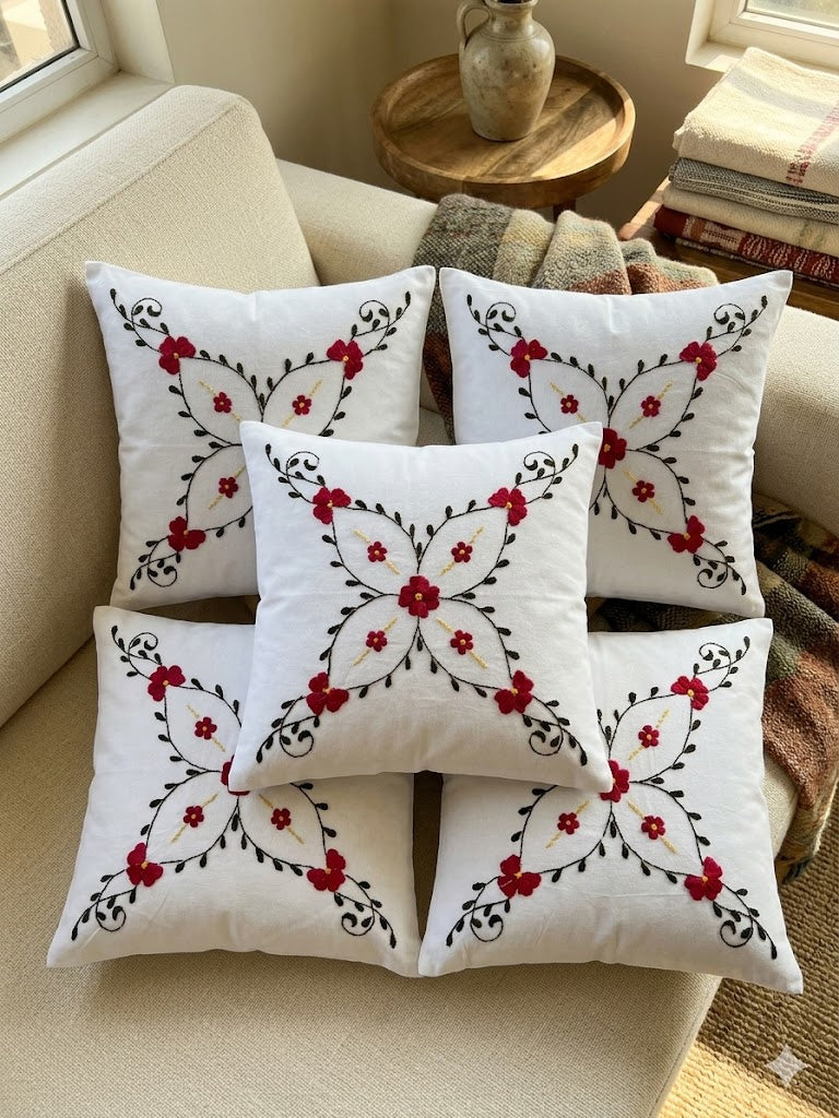 Hand Embroidered Cotton Cushion Covers (Set of 5)