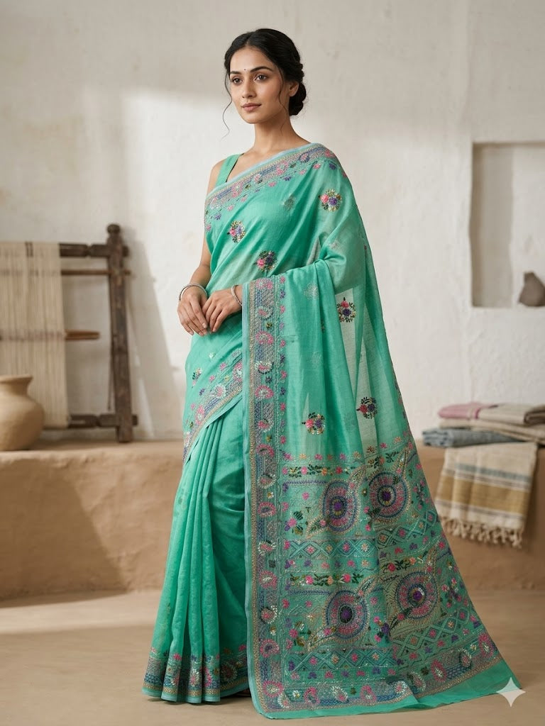 Premium Handcrafted Bullion Stitch Work Chanderi Saree with Blouse Piece