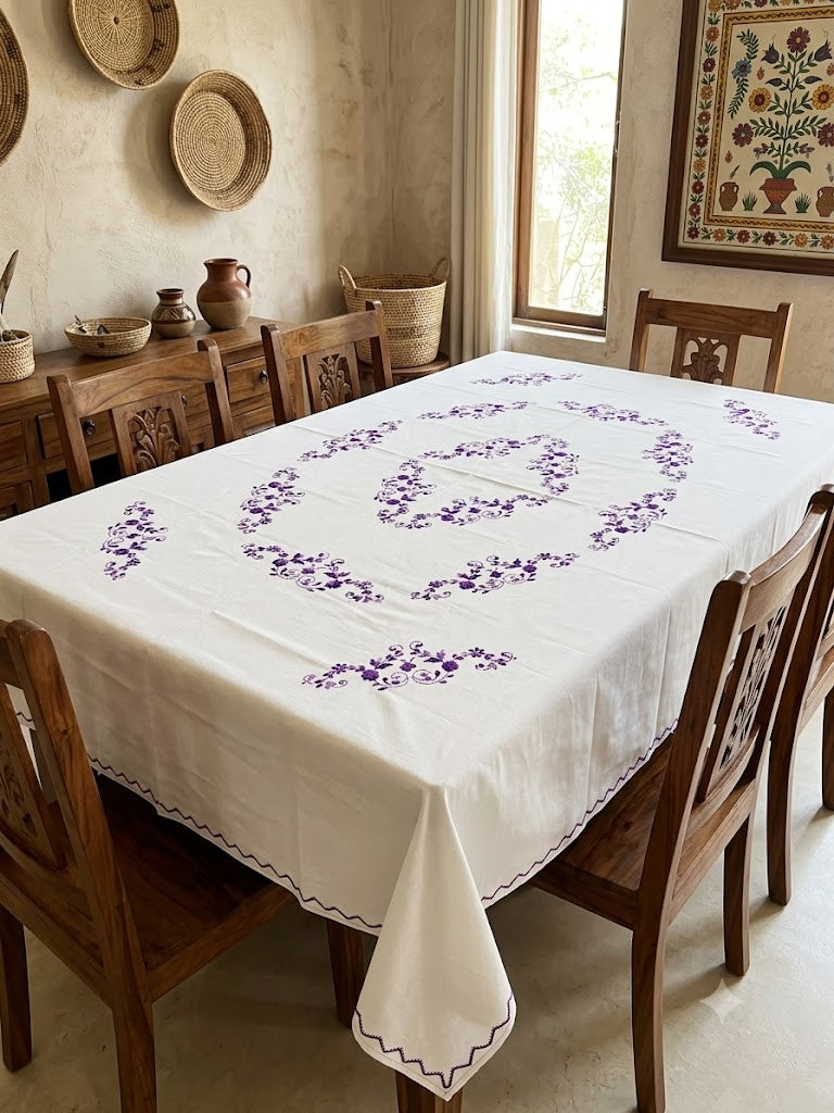 Hand Embroidered Floral Six Seater Table Cover