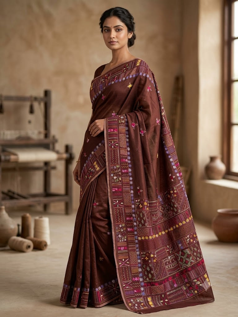 Premium Handcrafted Bullion Stitch Work Chanderi Saree with Blouse Piece