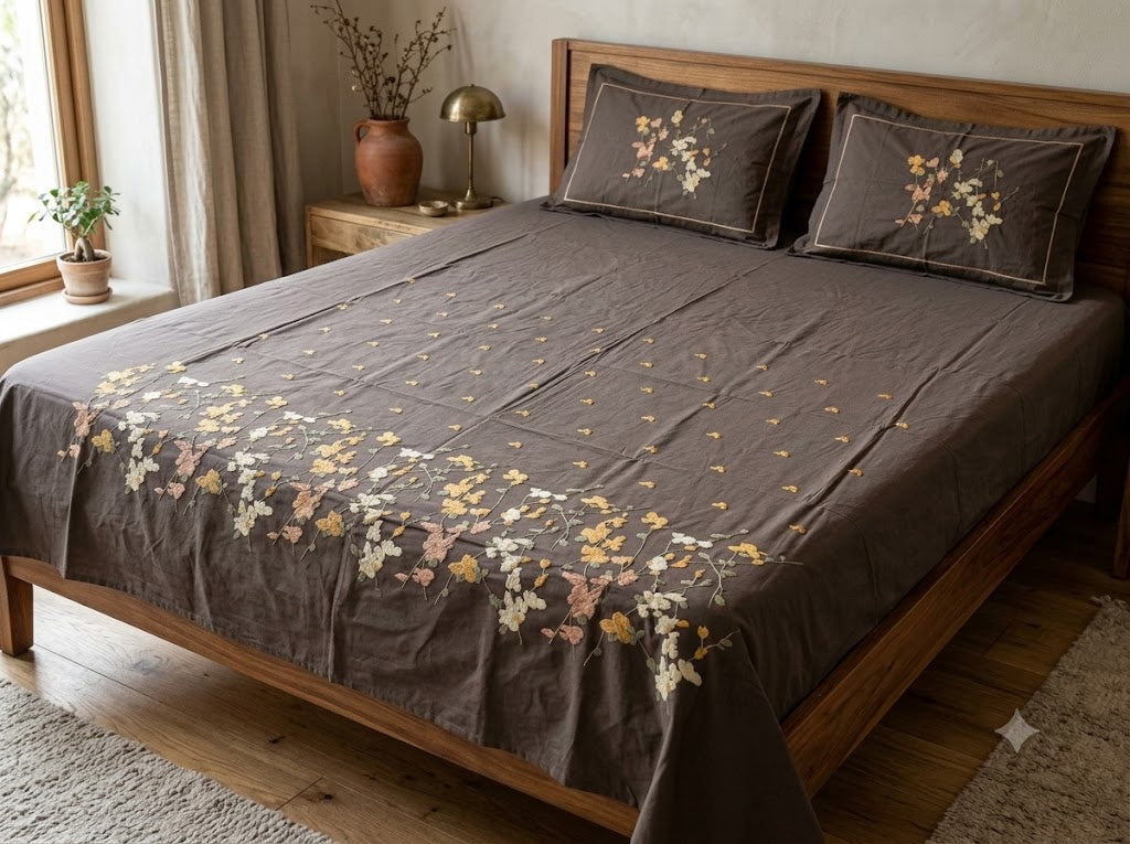 Premium Designer Embroidered Satin Cotton Bedsheet Set