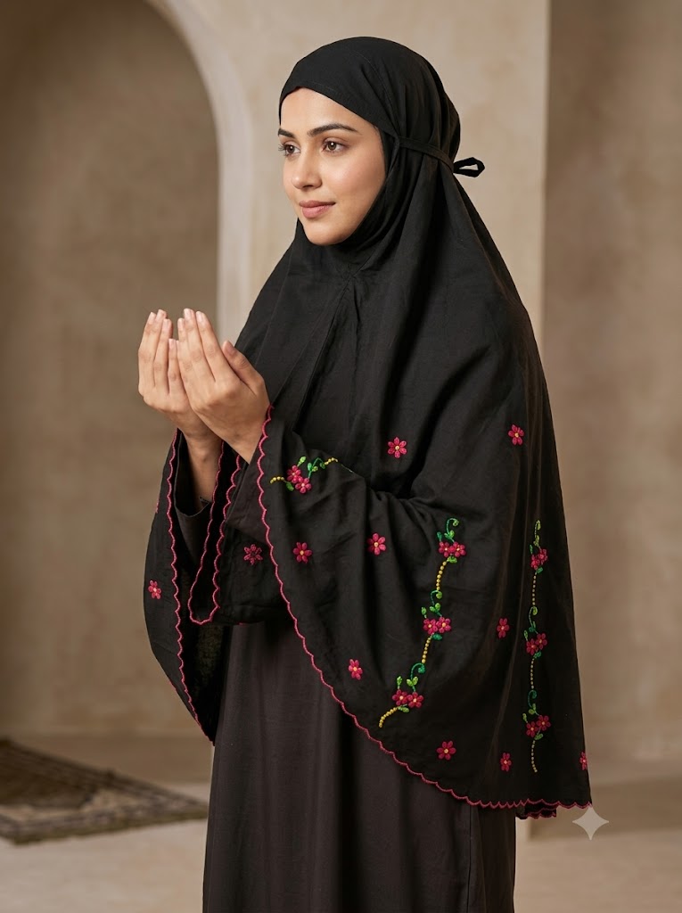 Chikonwala Hand Embroidered Cotton Islamic Namaz Hijab with Floral Embroidery