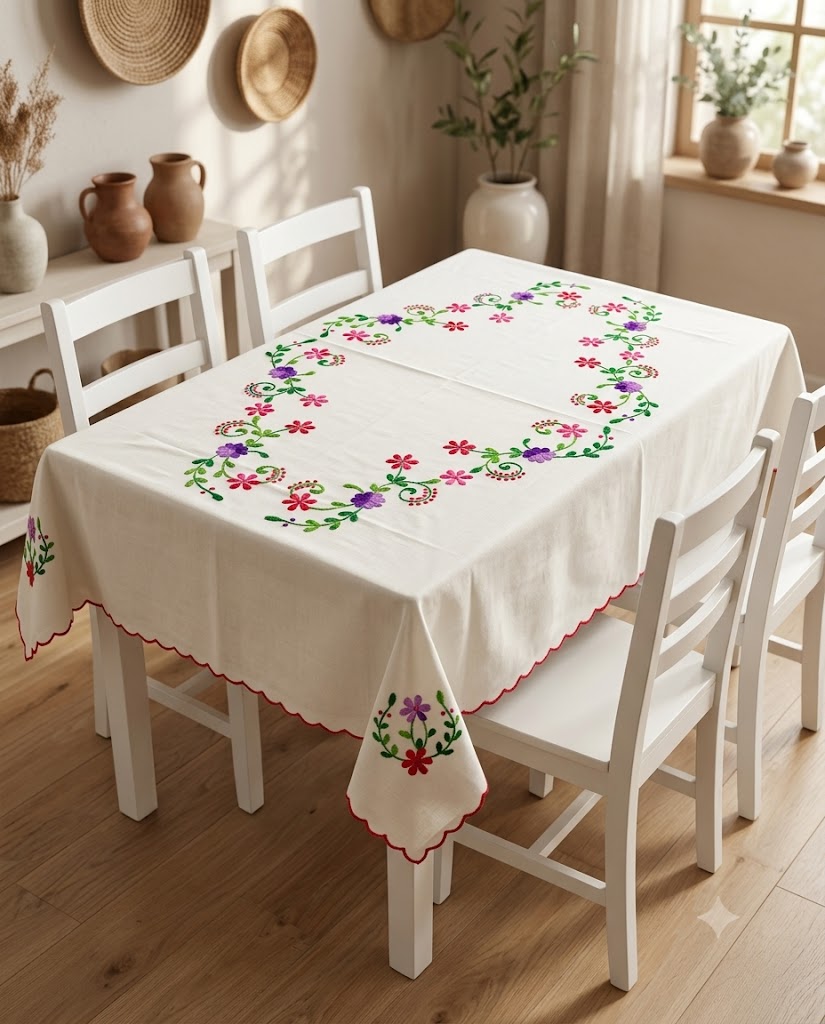 Hand Embroidered Four Seater Floral Table Cover