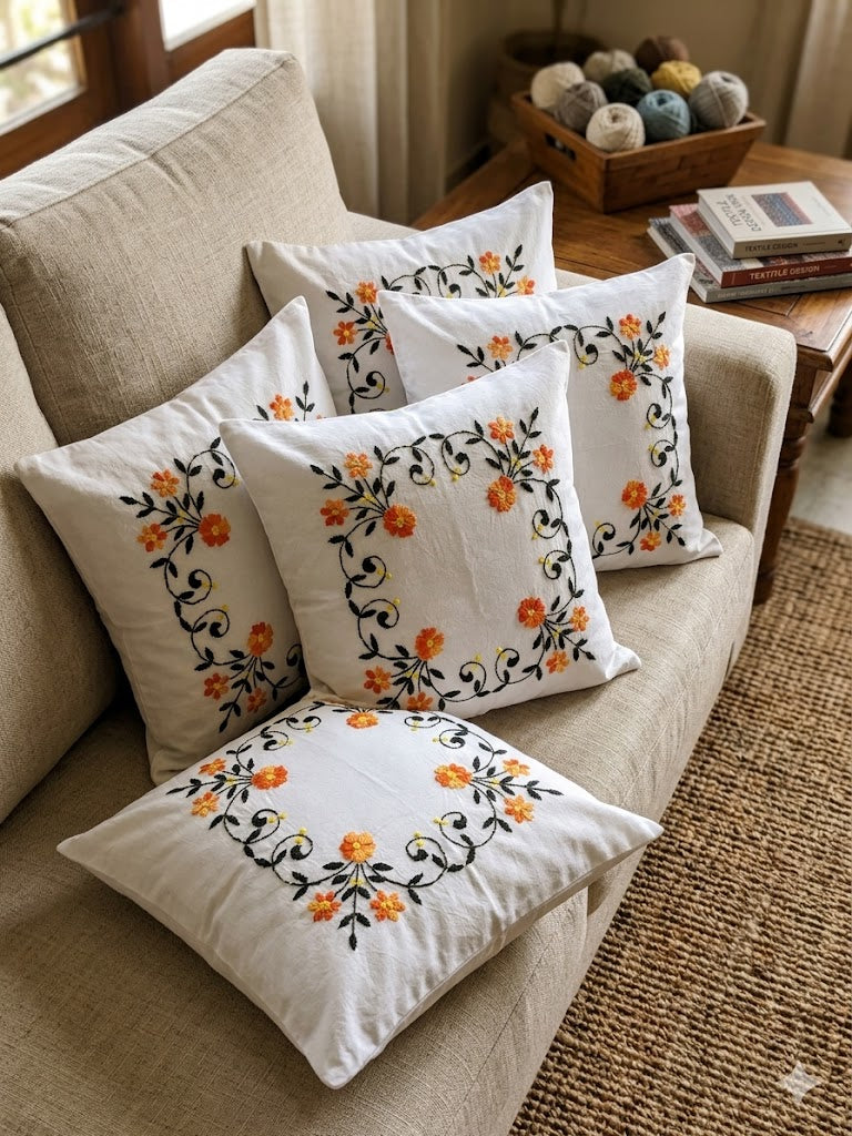 Hand Embroidered Cotton Cushion Covers (Set of 5)