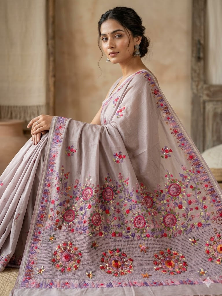 Premium Handcrafted Bullion Stitch Work Chanderi Saree with Blouse Piece