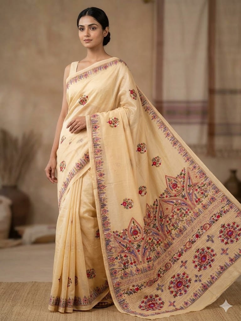 Premium Handcrafted Bullion Stitch Work Chanderi Saree with Blouse Piece