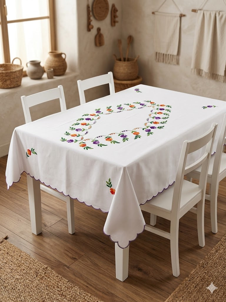 Hand Embroidered Four Seater Floral Table Cover