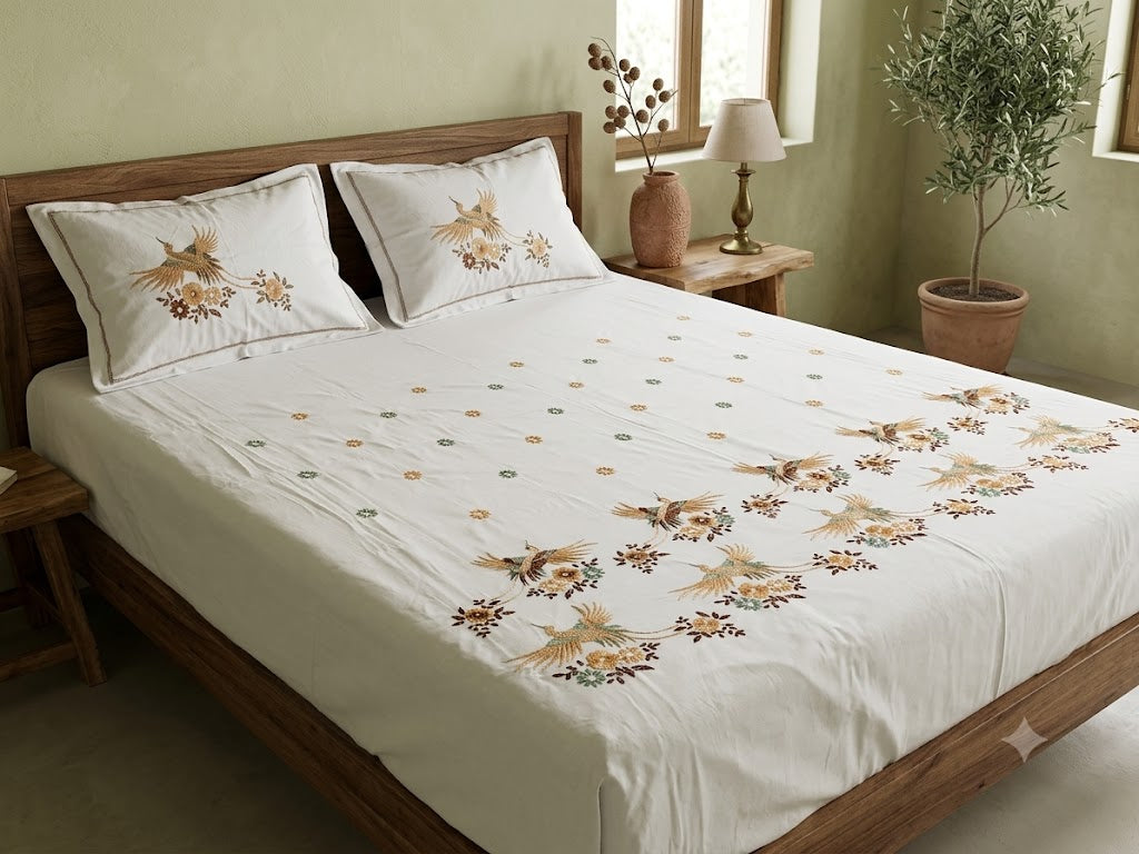 Premium Designer Embroidered Satin Cotton Bedsheet Set