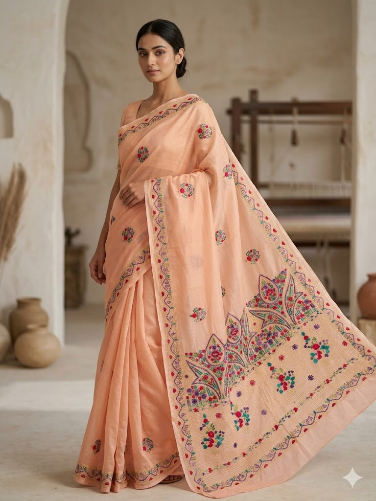 Premium Handcrafted Bullion Stitch Work Chanderi Saree with Blouse Piece
