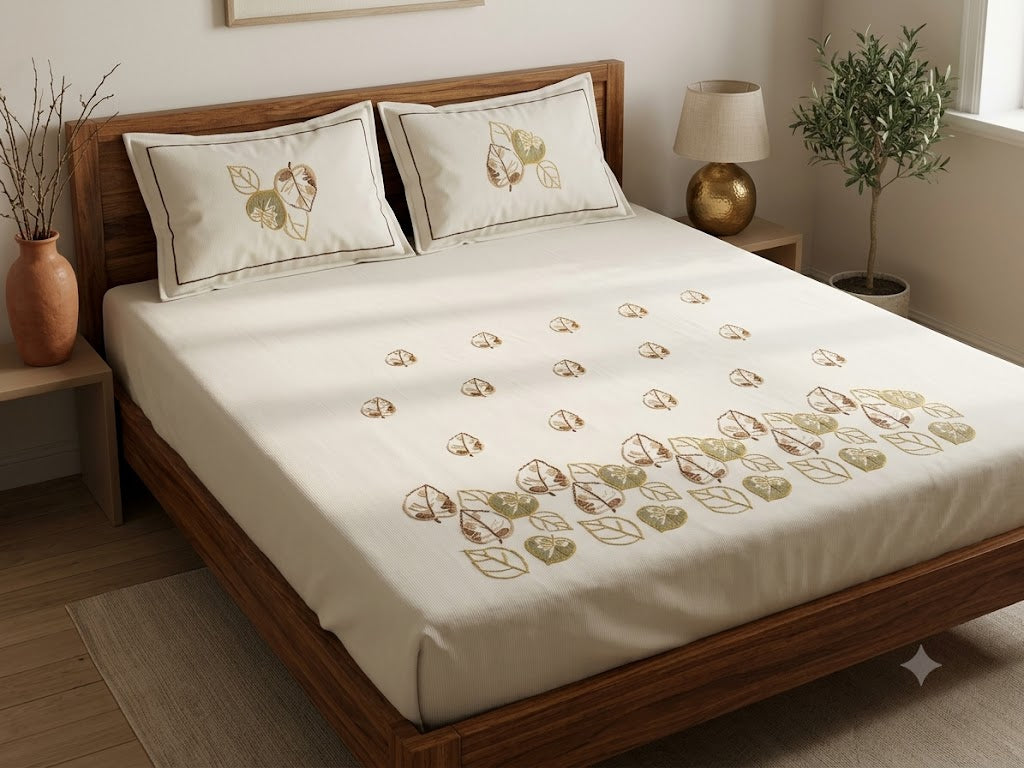 Premium Designer Embroidered Satin Cotton Bedsheet Set