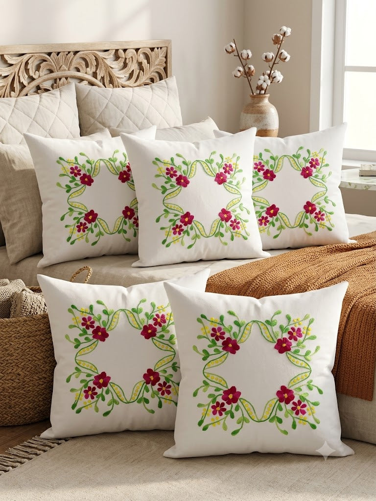 Hand Embroidered Cotton Cushion Covers (Set of 5)