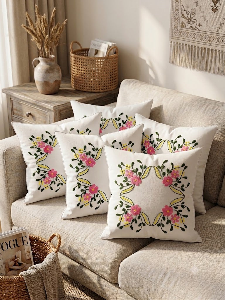 Hand Embroidered Cotton Cushion Covers (Set of 5)
