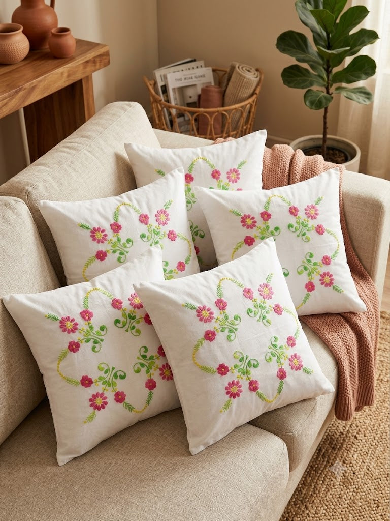 Hand Embroidered Cotton Cushion Covers (Set of 5)