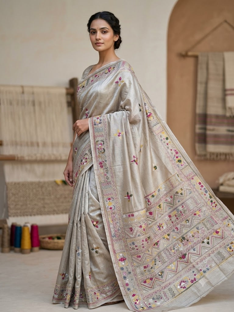 Premium Handcrafted Bullion Stitch Work Chanderi Saree with Blouse Piece