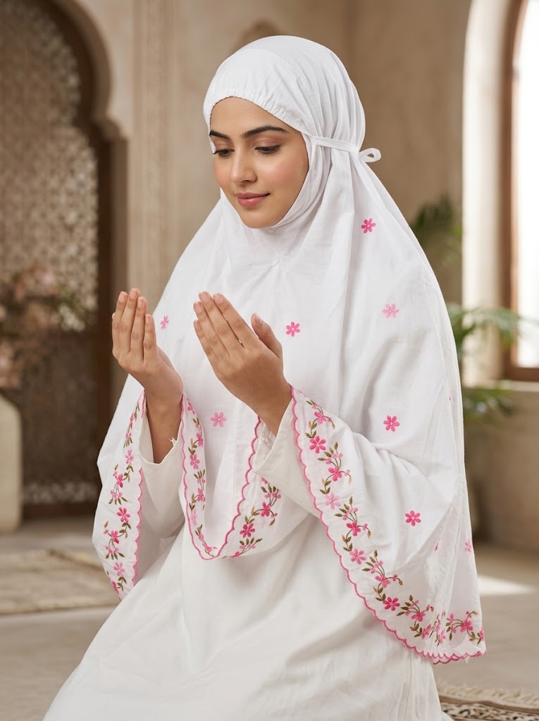 Chikonwala Hand Embroidered Cotton Islamic Namaz Hijab with Floral Embroidery
