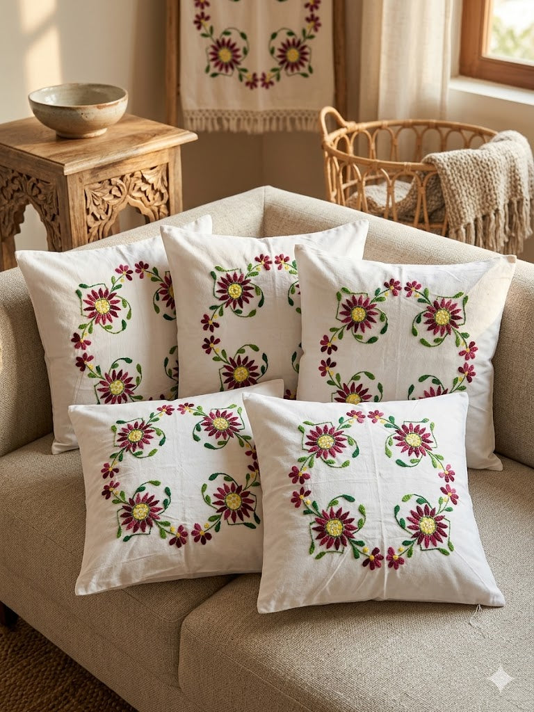 Hand Embroidered Cotton Cushion Covers (Set of 5)