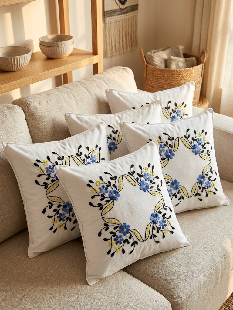 Hand Embroidered Cotton Cushion Covers (Set of 5)