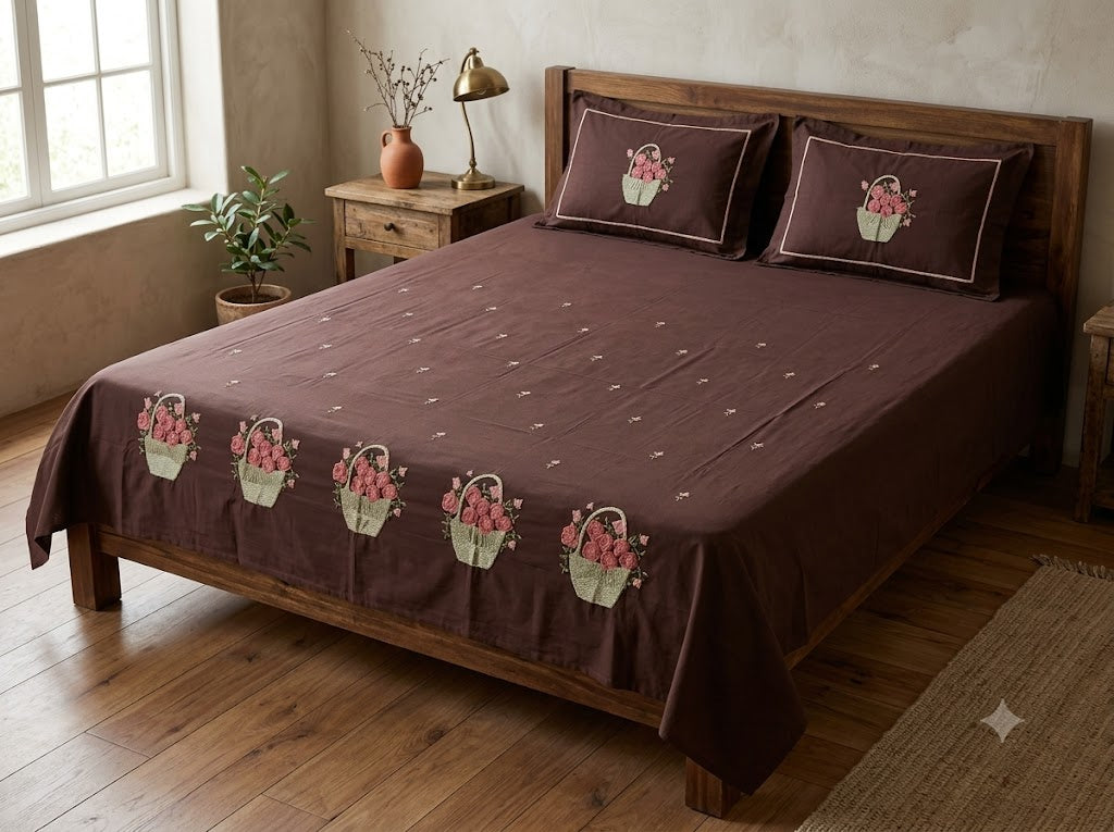 Premium Designer Embroidered Satin Cotton Bedsheet Set