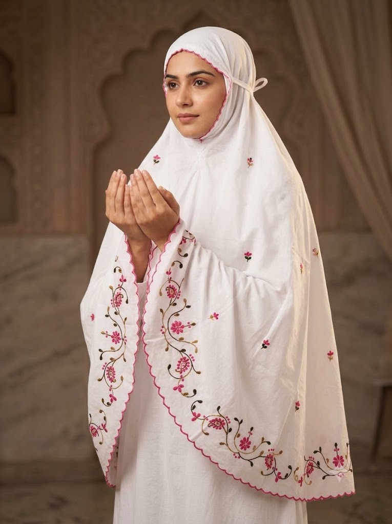 Chikonwala Hand Embroidered Cotton Islamic Namaz Hijab with Floral Embroidery