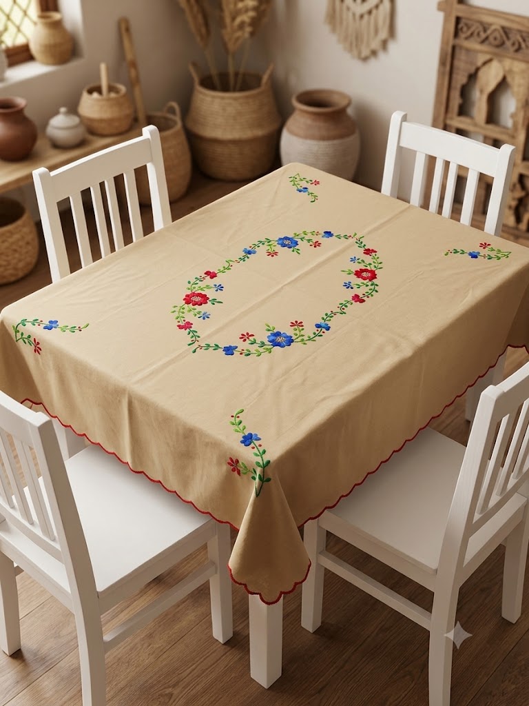 Hand Embroidered Four Seater Floral Table Cover
