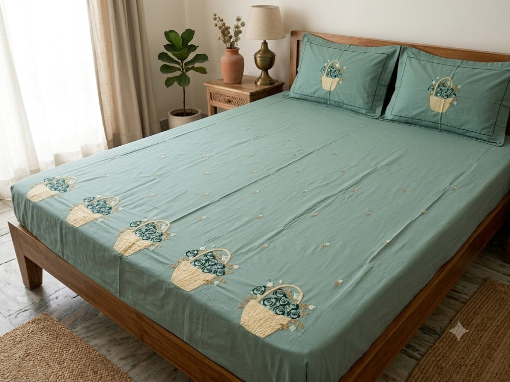 Premium Designer Embroidered Satin Cotton Bedsheet Set