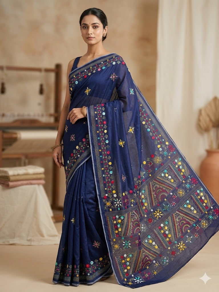 Premium Handcrafted Bullion Stitch Work Chanderi Saree with Blouse Piece