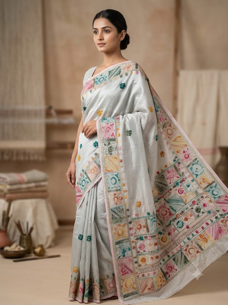 Premium Handcrafted Bullion Stitch Work Chanderi Saree with Blouse Piece
