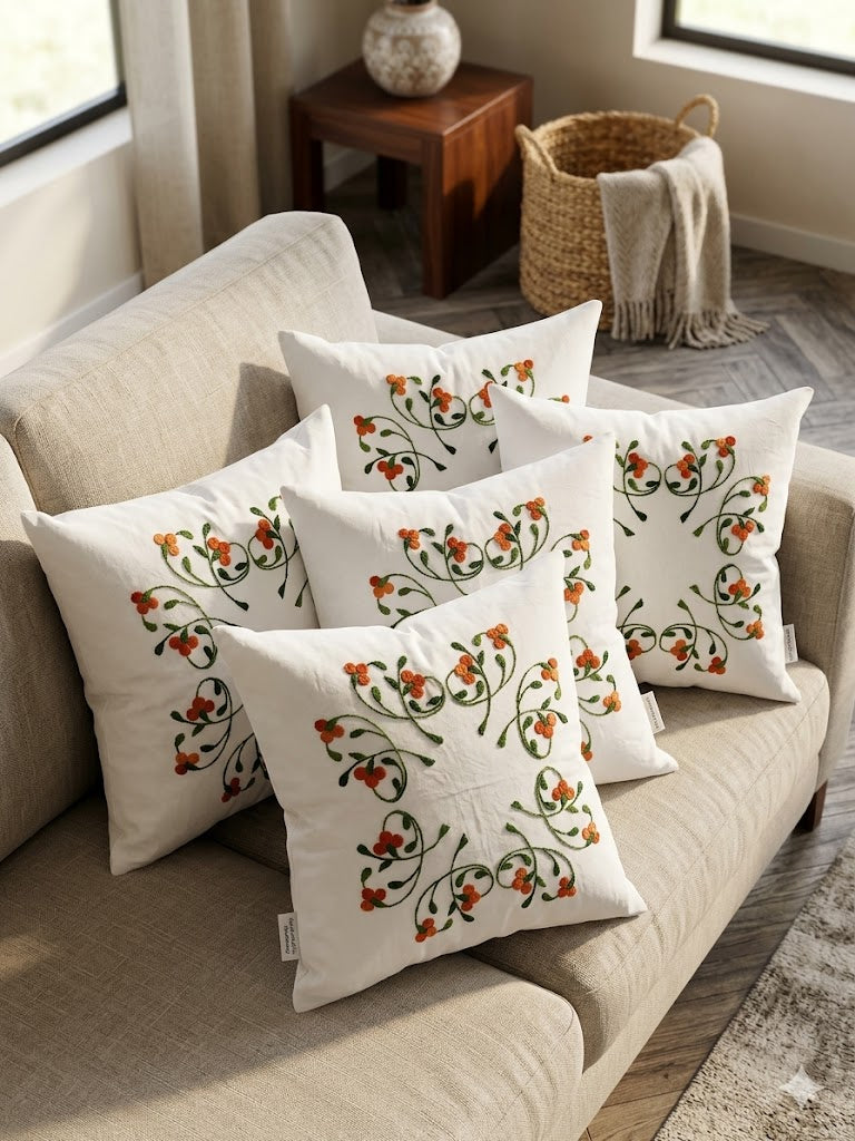Hand Embroidered Cotton Cushion Covers (Set of 5)