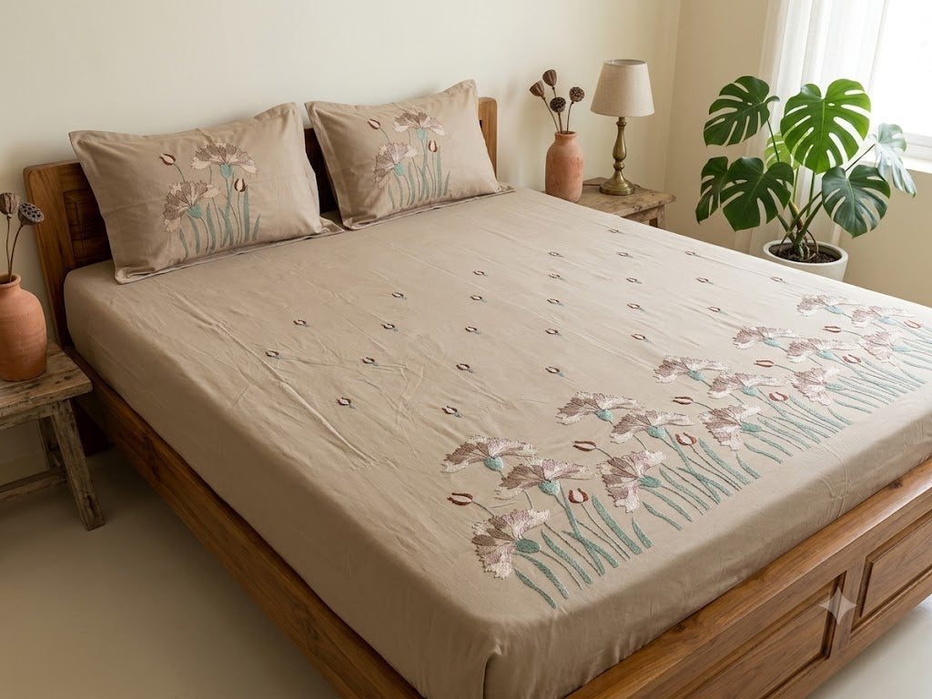 Premium Designer Embroidered Satin Cotton Bedsheet Set