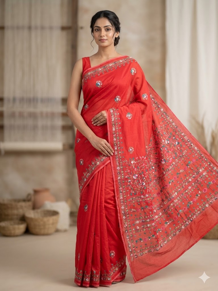 Premium Handcrafted Bullion Stitch Work Chanderi Saree with Blouse Piece