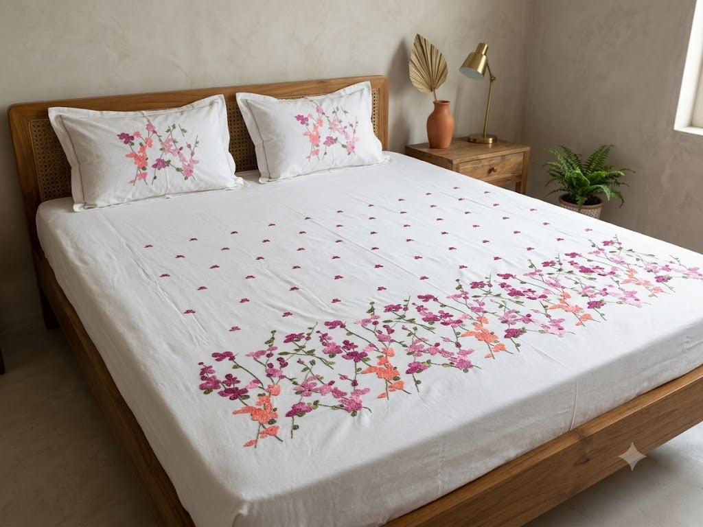 Premium Designer Embroidered Satin Cotton Bedsheet Set