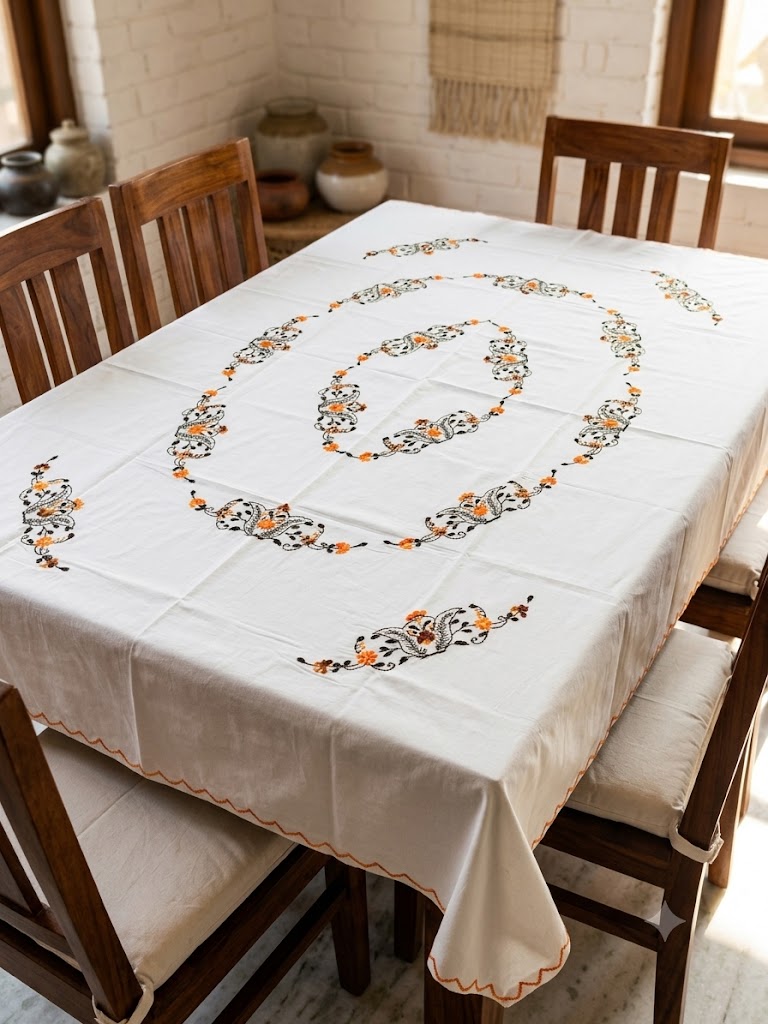 Hand Embroidered Floral Six Seater Table Cover