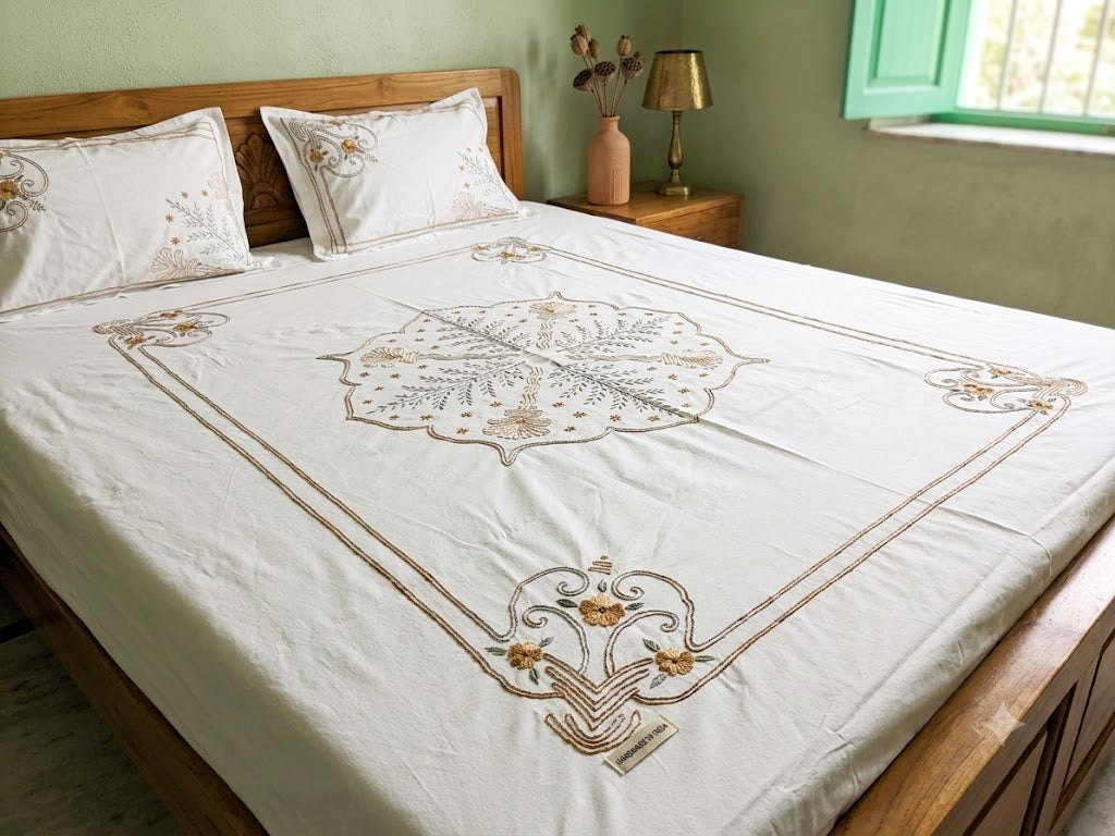 Premium Designer Embroidered Satin Cotton Bedsheet Set