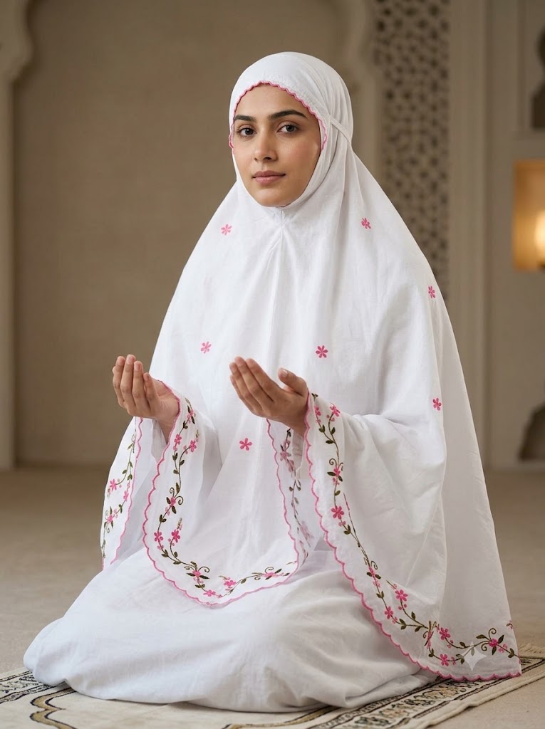 Chikonwala Hand Embroidered Cotton Islamic Namaz Hijab with Floral Embroidery