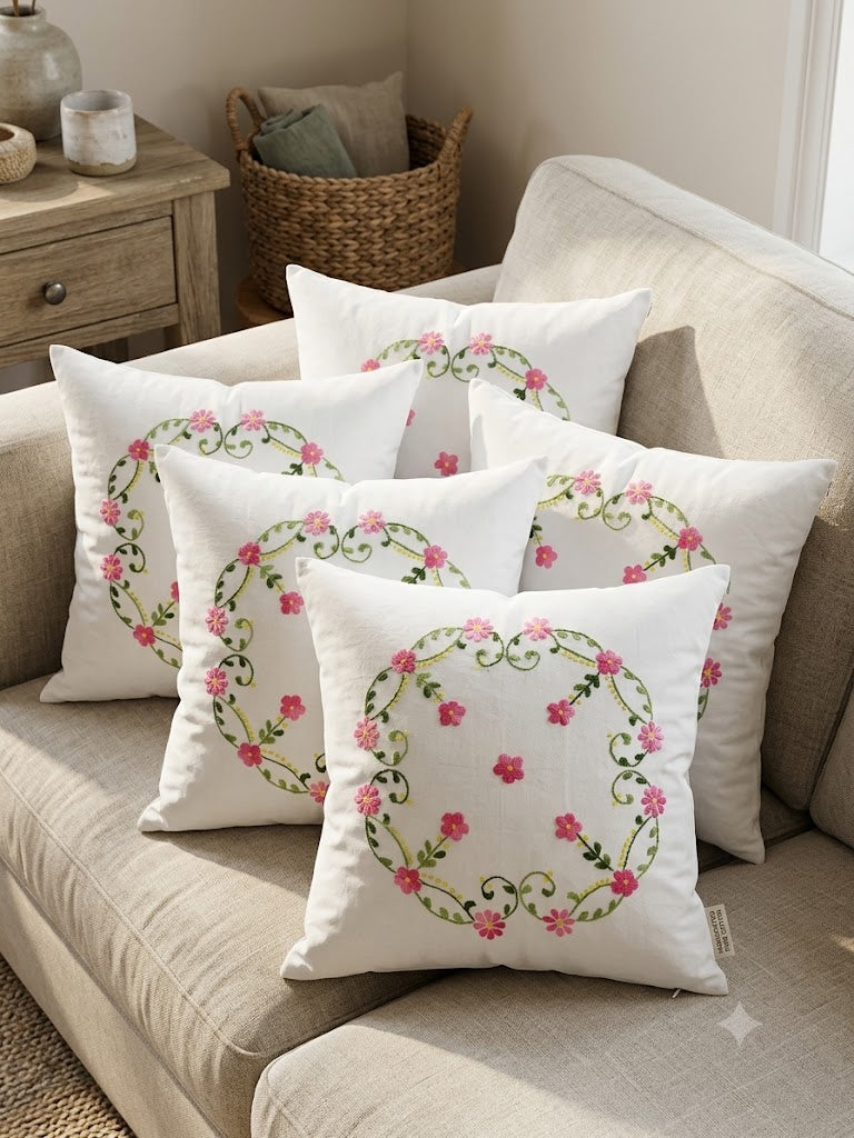 Hand Embroidered Cotton Cushion Covers (Set of 5)
