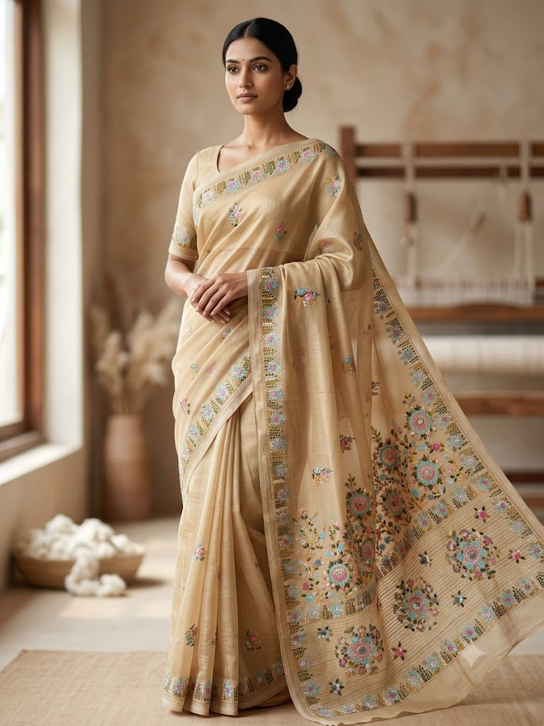 Premium Handcrafted Bullion Stitch Work Chanderi Saree with Blouse Piece