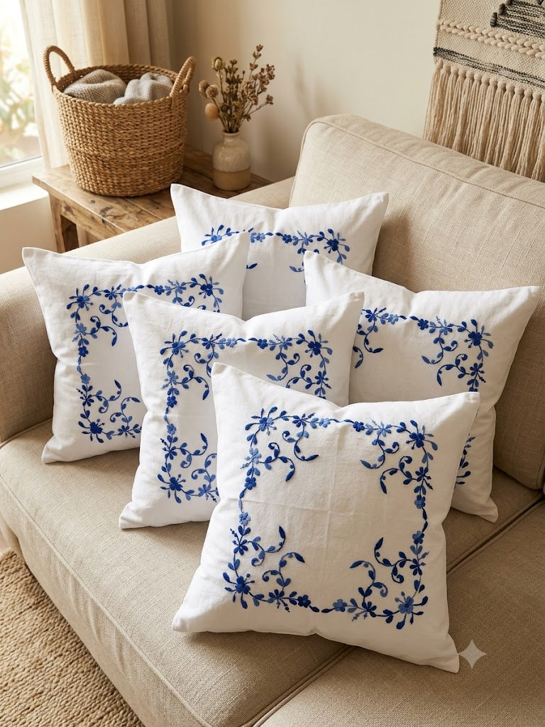 Hand Embroidered Cotton Cushion Covers (Set of 5)