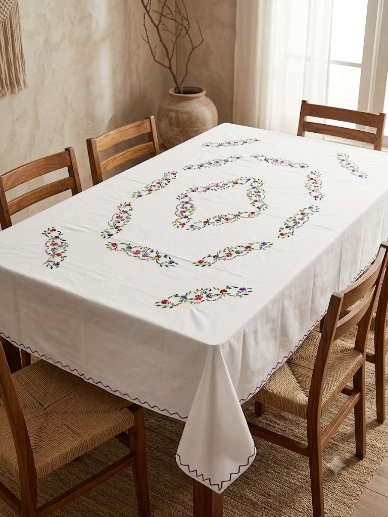 Hand Embroidered Floral Six Seater Table Cover
