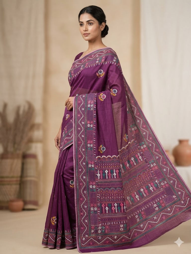 Premium Handcrafted Bullion Stitch Work Chanderi Saree with Blouse Piece