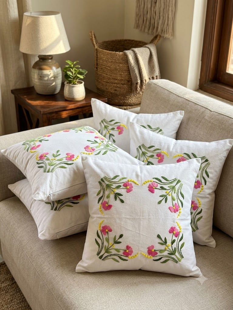 Hand Embroidered Cotton Cushion Covers (Set of 5)