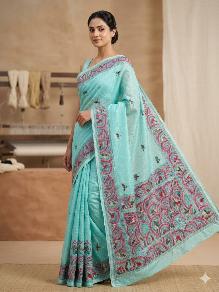 Premium Handcrafted Bullion Stitch Work Chanderi Saree with Blouse Piece