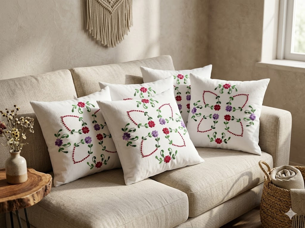 Hand Embroidered Cotton Cushion Covers (Set of 5)