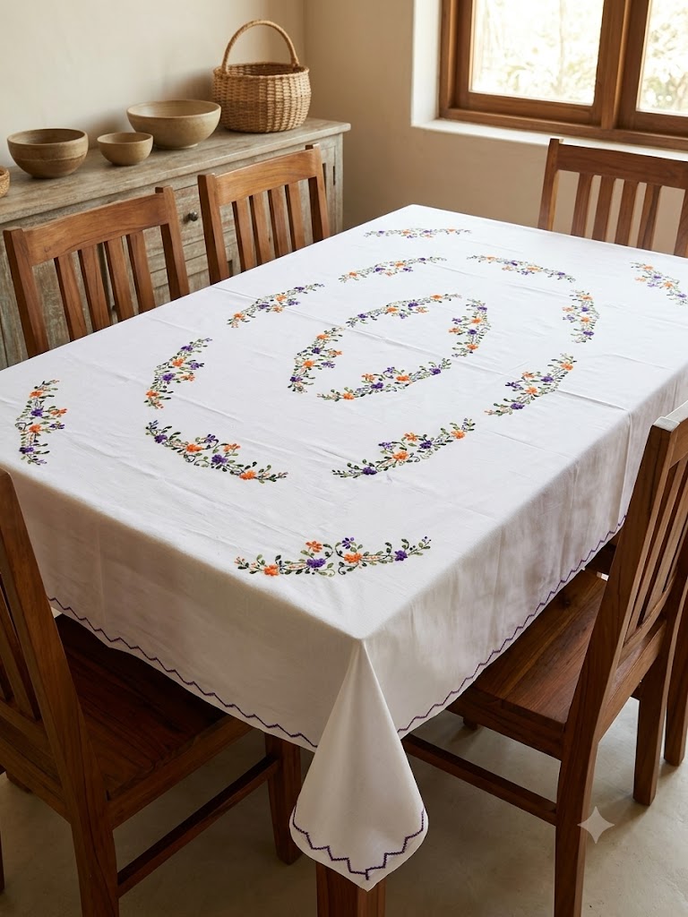 Hand Embroidered Floral Six Seater Table Cover
