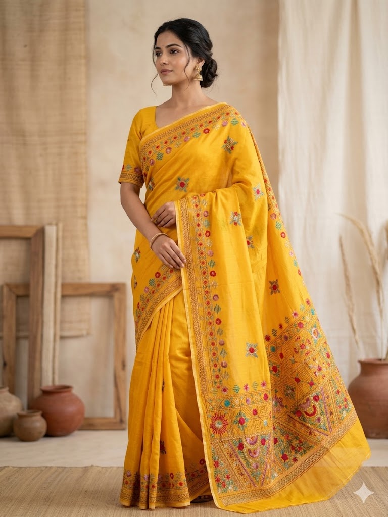 Premium Handcrafted Bullion Stitch Work Chanderi Saree with Blouse Piece