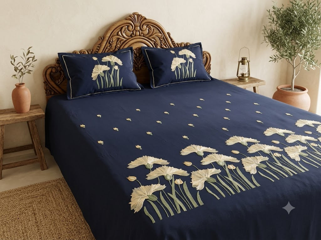 Premium Designer Embroidered Satin Cotton Bedsheet Set