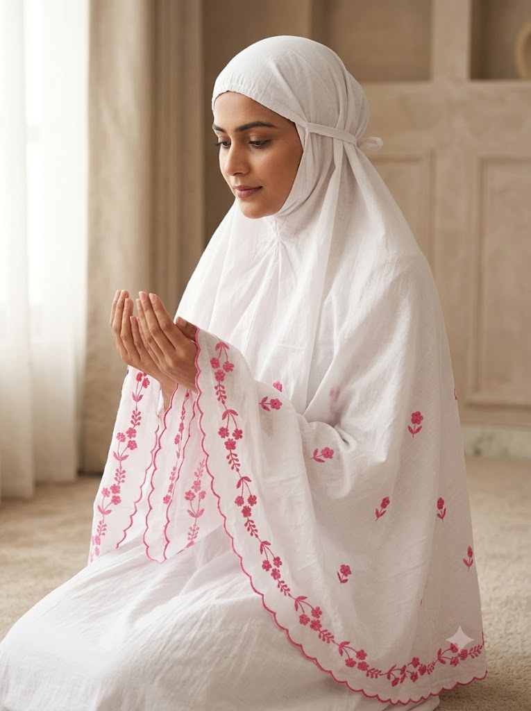 Chikonwala Hand Embroidered Cotton Islamic Namaz Hijab with Floral Embroidery