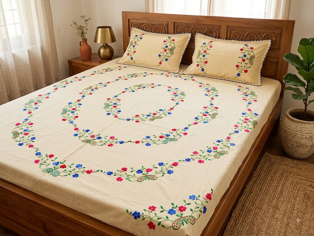 Chikonwala's Hand Embroidered Floral Design Bedsheet