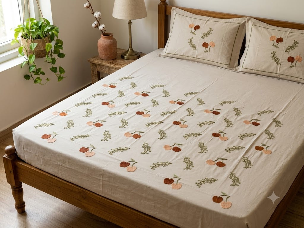 Premium Designer Embroidered Satin Cotton Bedsheet Set