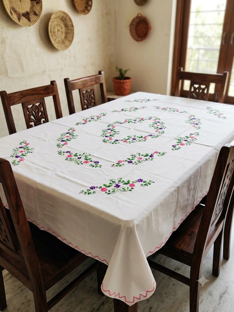 Hand Embroidered Floral Six Seater Table Cover