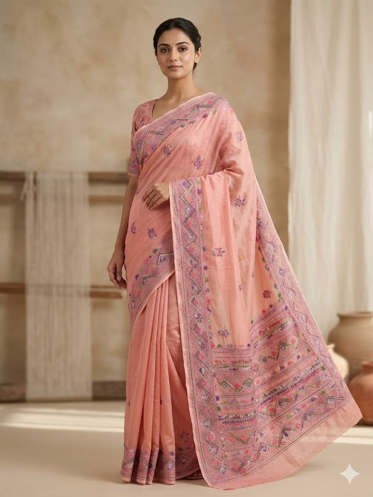 Premium Handcrafted Bullion Stitch Work Chanderi Saree with Blouse Piece